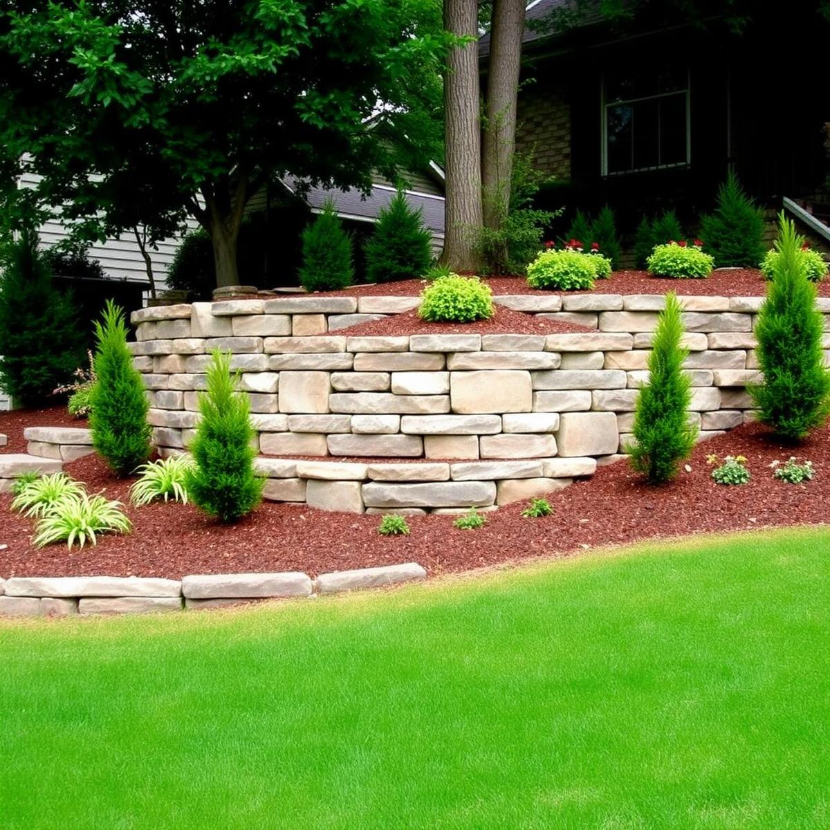 Tiered natural stone retaining wall